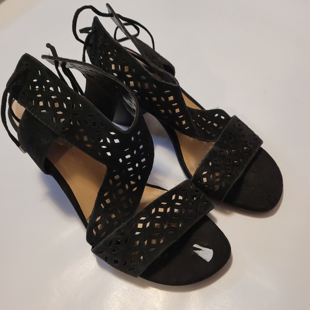 Black genuine suede leather sandal heels